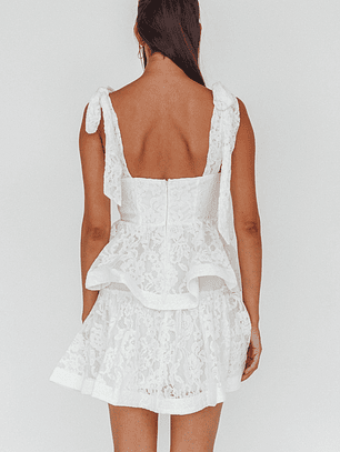 Neriah Tied Shoulder Tiered Lace Mini Dress White