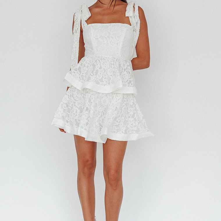 Neriah Tied Shoulder Tiered Lace Mini Dress White 3
