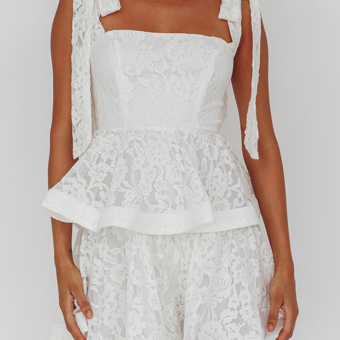 Neriah Tied Shoulder Tiered Lace Mini Dress White 4