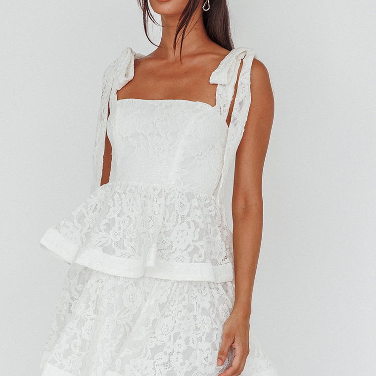 Neriah Tied Shoulder Tiered Lace Mini Dress White 5