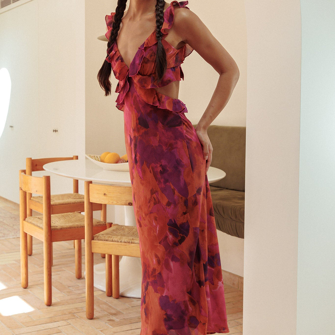 Second Chances Ruffle Trim Maxi Dress Flowers Dark Rose 1