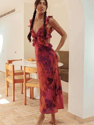 Second Chances Ruffle Trim Maxi Dress Flowers Dark Rose