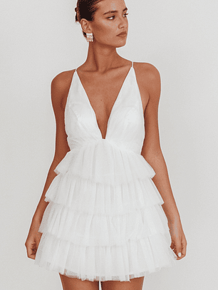 Auguste Tiered Ruffle Tulle Mini Dress White