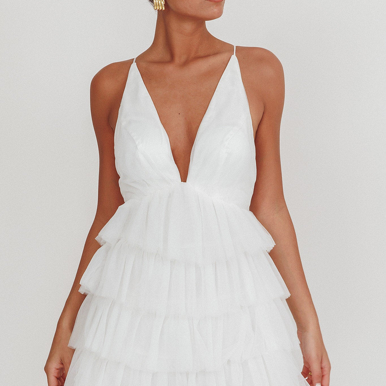 Auguste Tiered Ruffle Tulle Mini Dress White 1