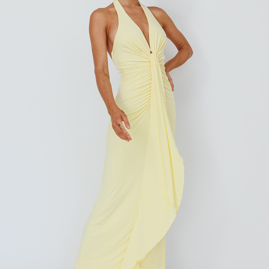 Ray Of Light Ruched Halterneck Maxi Dress Lemon 4