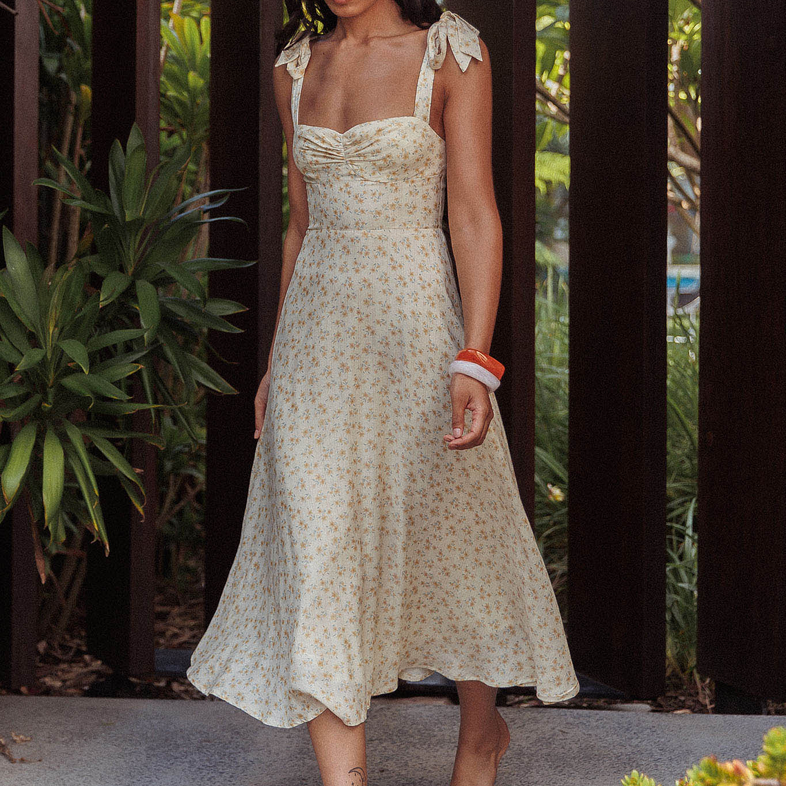 Sweet Pea Floral Tied Straps Midi Dress Yellow 2