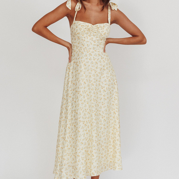 Sweet Pea Floral Tied Straps Midi Dress Yellow 4