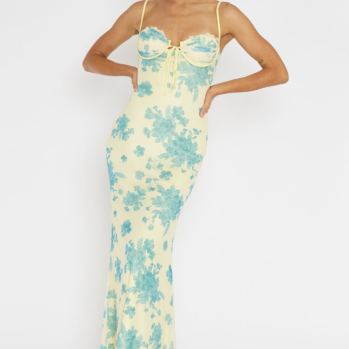 Fortune Lace Trim Mesh Midi Dress Yellow 4