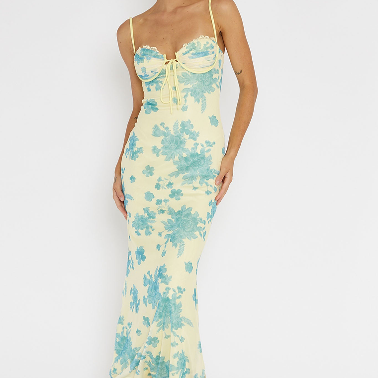 Fortune Lace Trim Mesh Midi Dress Yellow 6