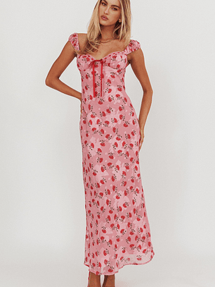 Femme Belle Ribbon Trim Maxi Dress Floral Pink