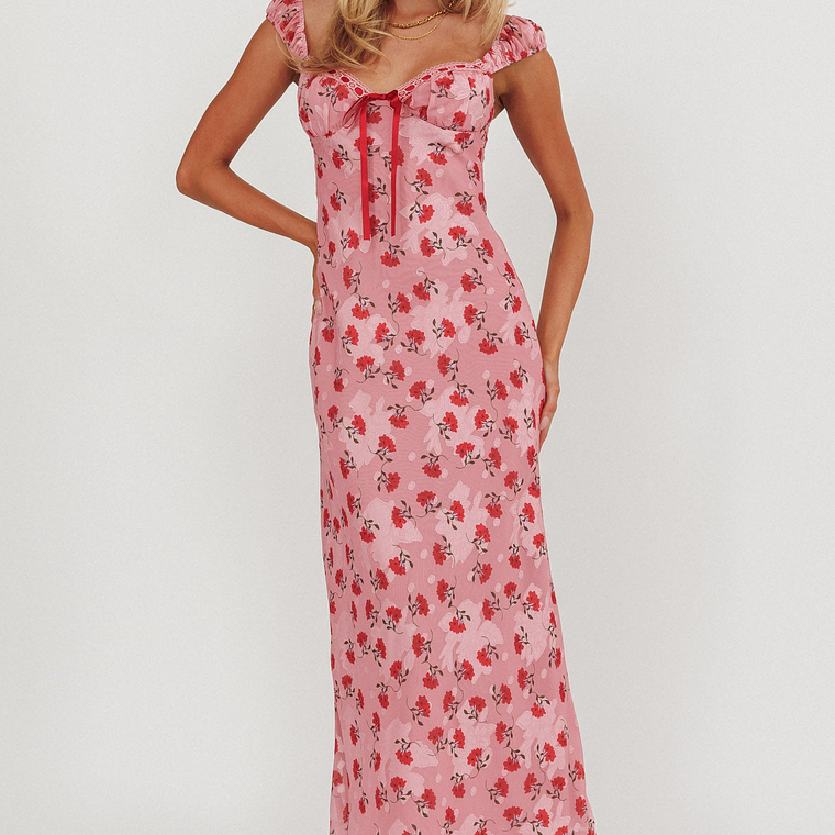 Femme Belle Ribbon Trim Maxi Dress Floral Pink 1