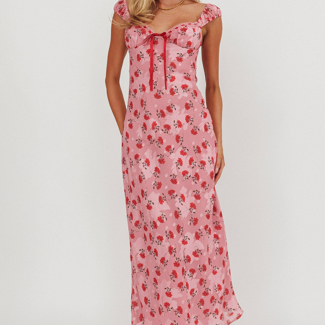 Femme Belle Ribbon Trim Maxi Dress Floral Pink 4