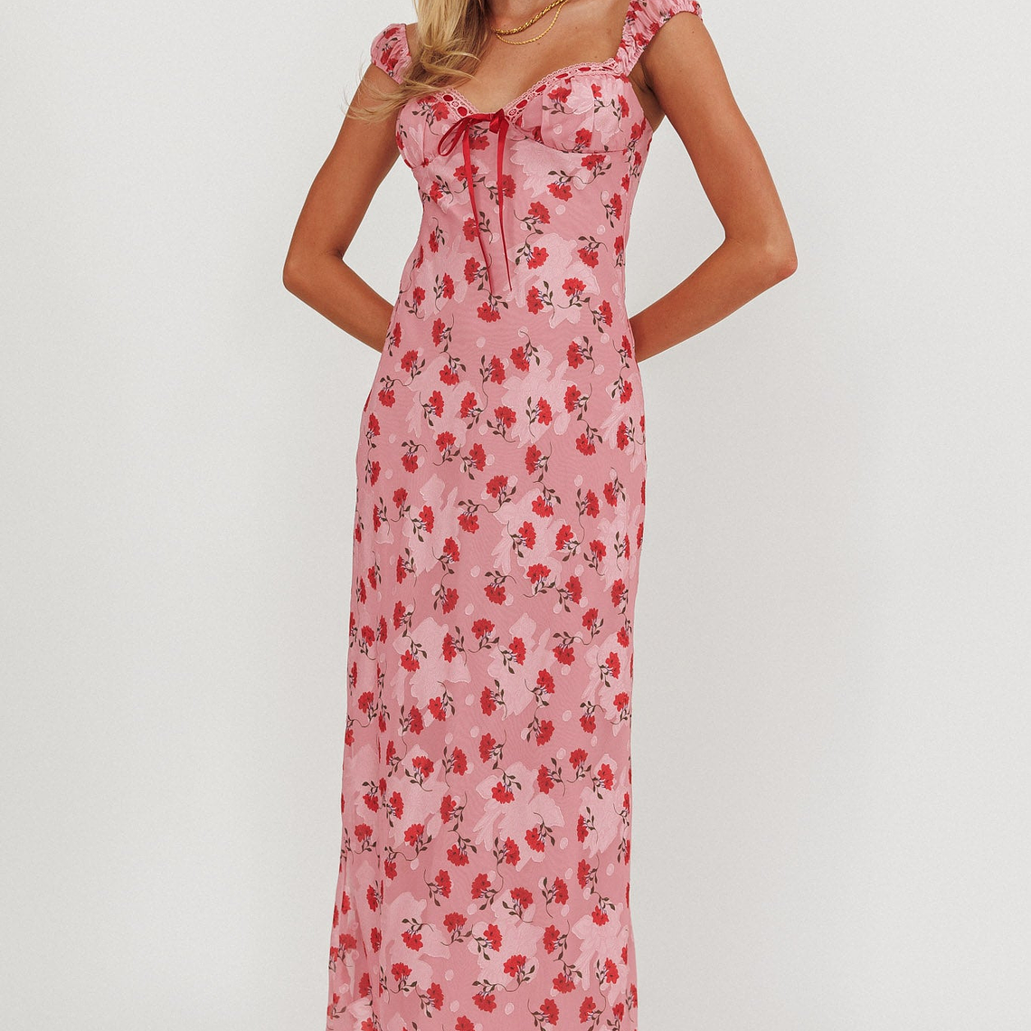 Femme Belle Ribbon Trim Maxi Dress Floral Pink 5