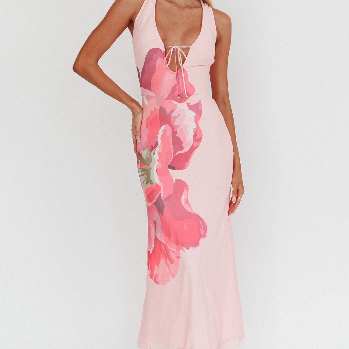 Cinders Tied Plunging Neckline Maxi Dress Flower Pink 1