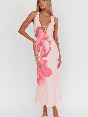 Cinders Tied Plunging Neckline Maxi Dress Flower Pink