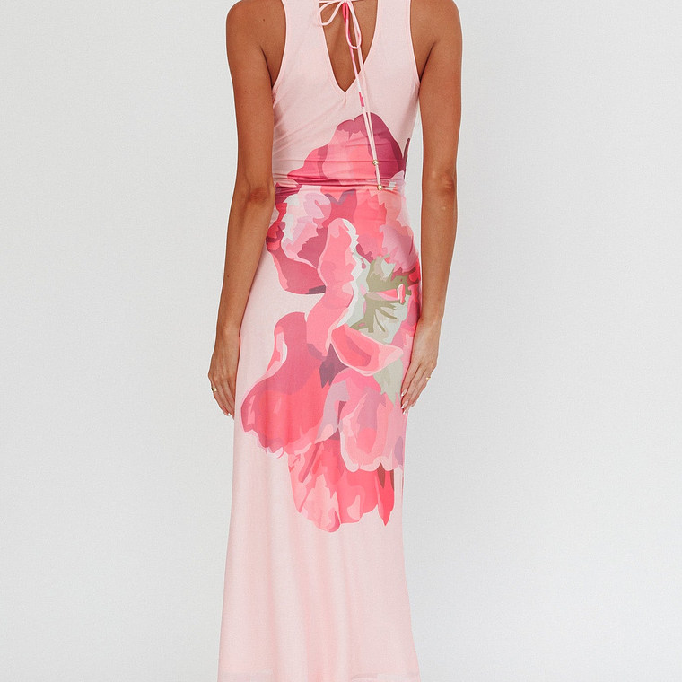 Cinders Tied Plunging Neckline Maxi Dress Flower Pink 2