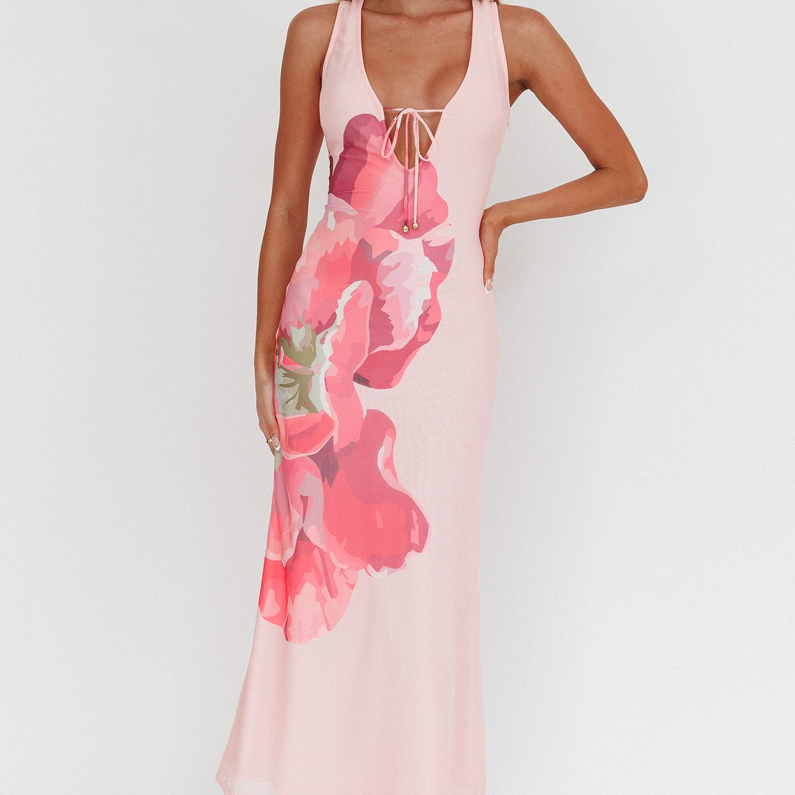 Cinders Tied Plunging Neckline Maxi Dress Flower Pink 4