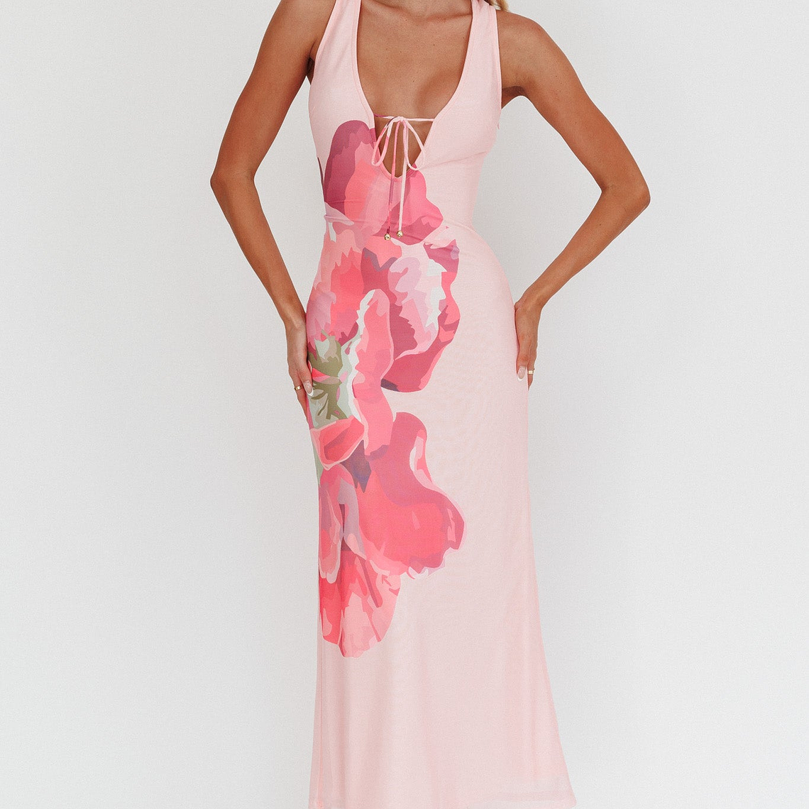 Cinders Tied Plunging Neckline Maxi Dress Flower Pink 5
