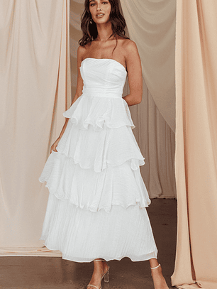 Giavana Strapless Layered Midi Dress Off White