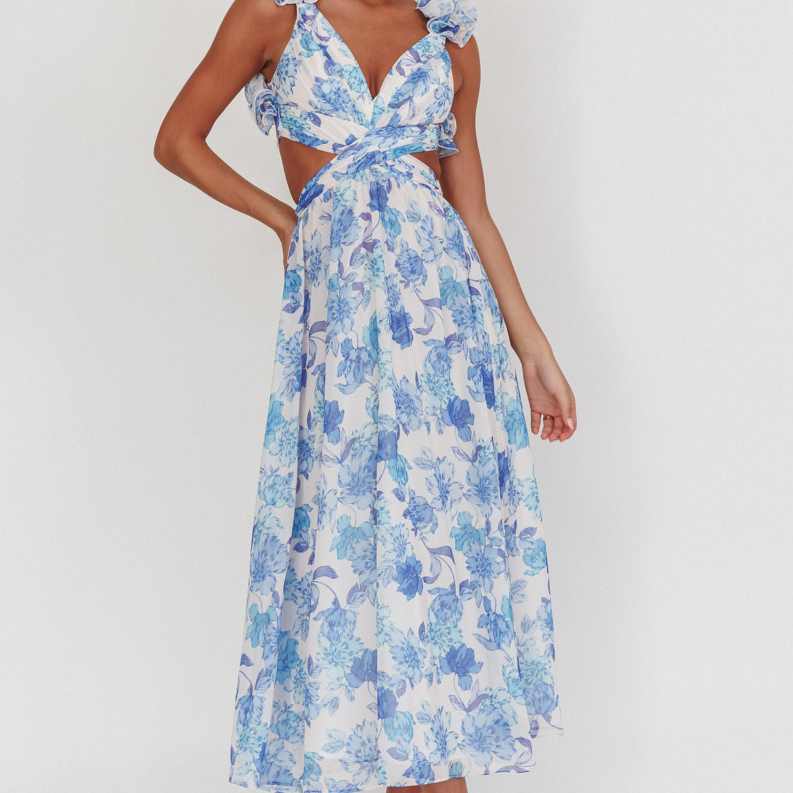 Madara Lace-Up Back Maxi Dress Floral Blue 1