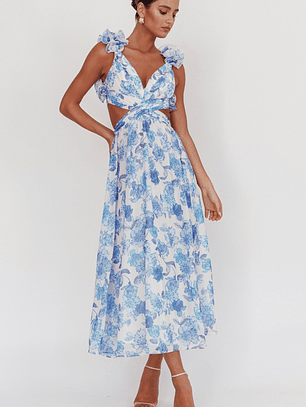 Madara Lace-Up Back Maxi Dress Floral Blue