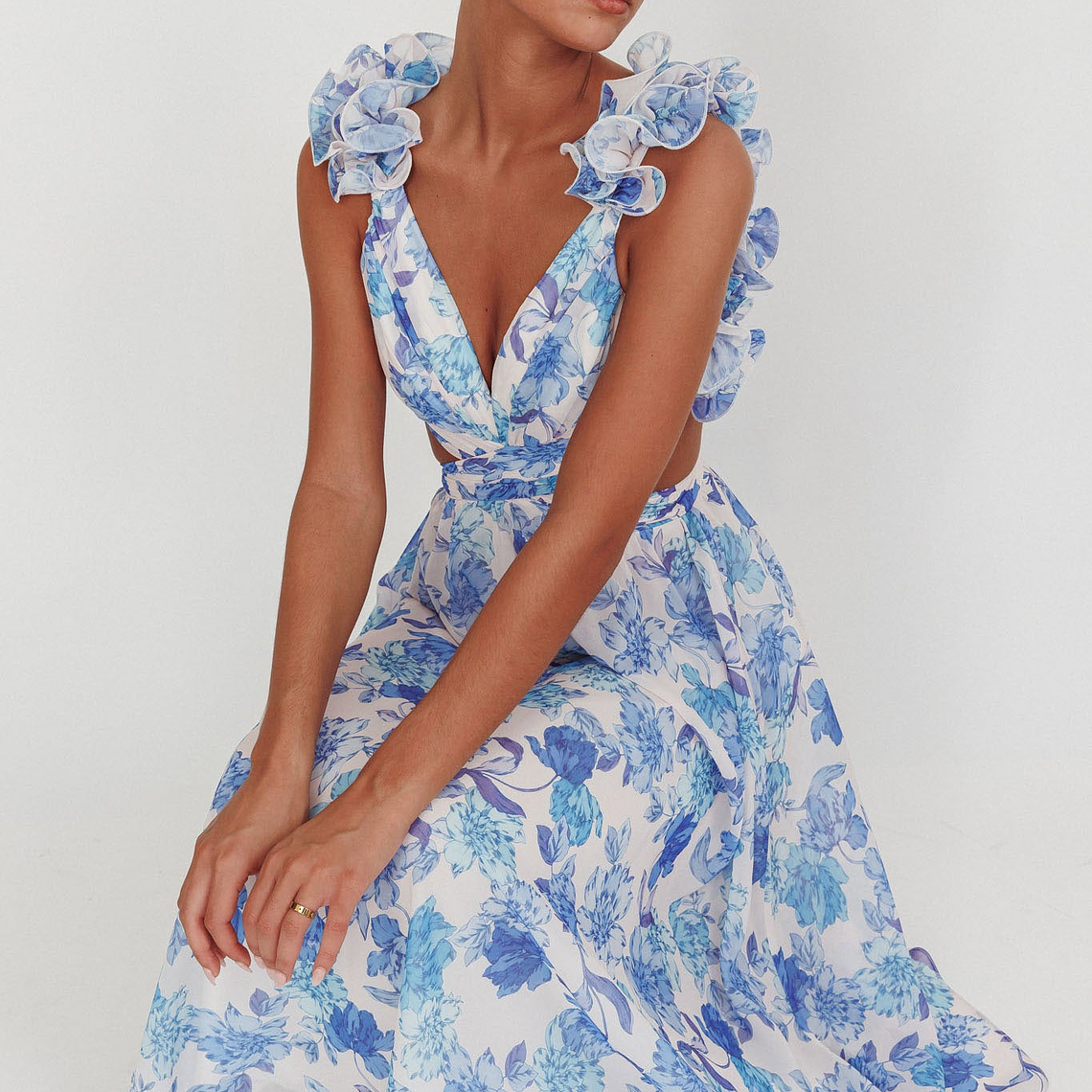 Madara Lace-Up Back Maxi Dress Floral Blue 2