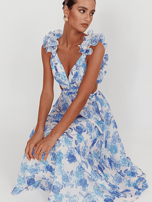 Madara Lace-Up Back Maxi Dress Floral Blue