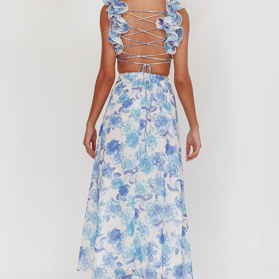 Madara Lace-Up Back Maxi Dress Floral Blue 3