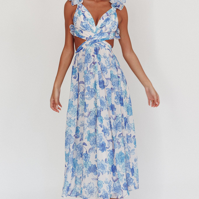 Madara Lace-Up Back Maxi Dress Floral Blue 4