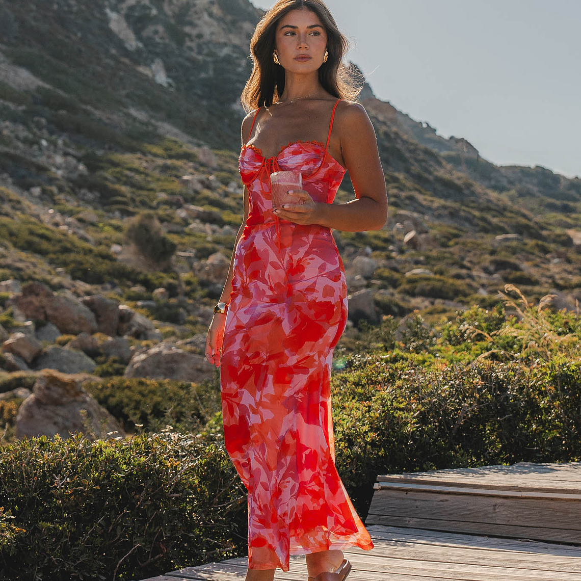 Fortune Lace Trim Mesh Midi Dress Orange 2