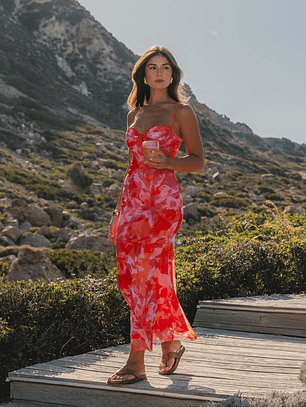 Fortune Lace Trim Mesh Midi Dress Orange