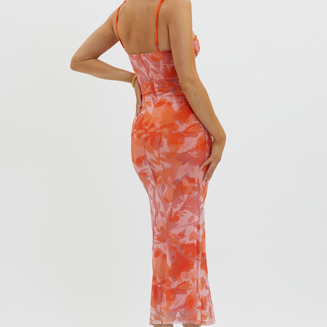 Fortune Lace Trim Mesh Midi Dress Orange 3