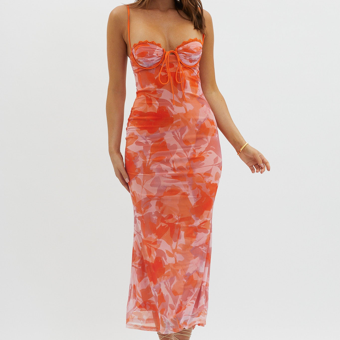 Fortune Lace Trim Mesh Midi Dress Orange 4