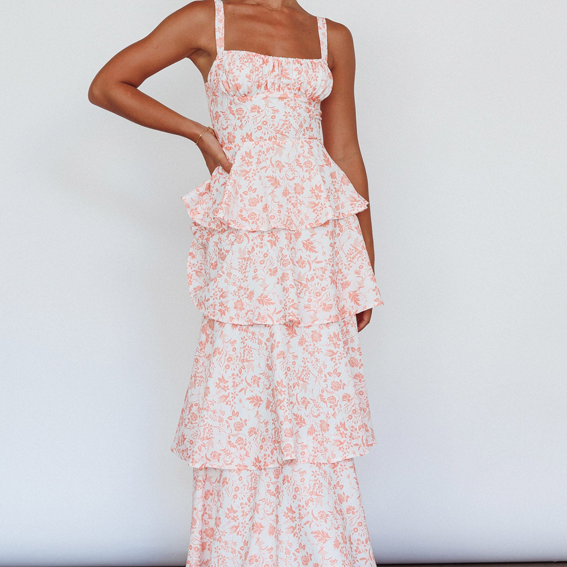 Provence Bloom Tiered Midi Dress Floral Orange 2