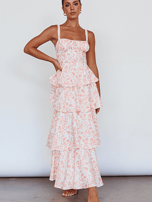 Provence Bloom Tiered Midi Dress Floral Orange