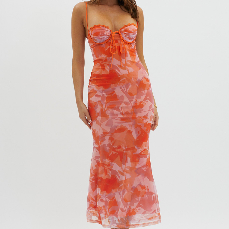 Fortune Lace Trim Mesh Midi Dress Orange 6