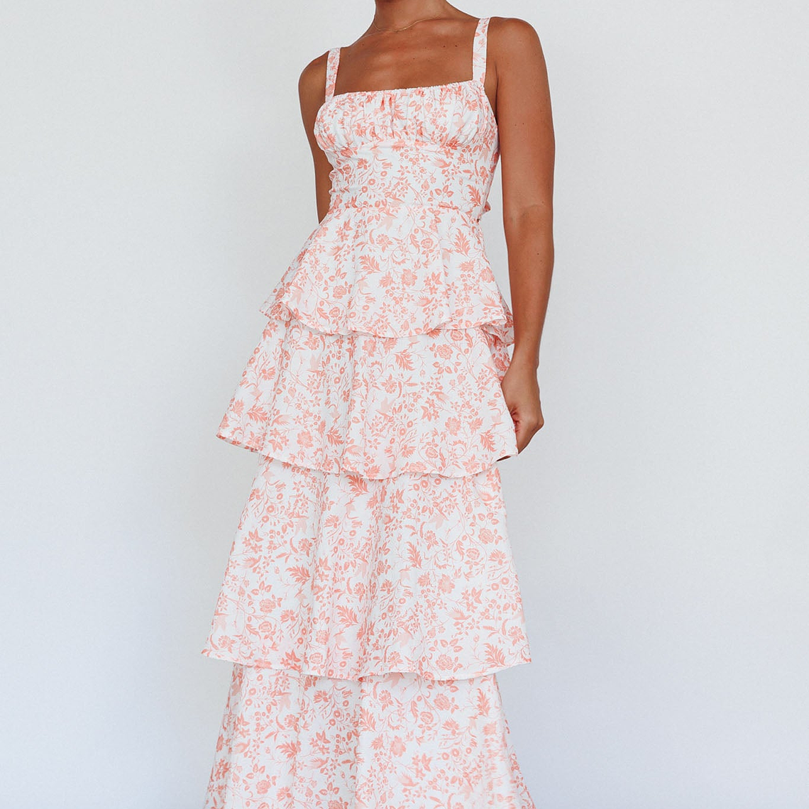 Provence Bloom Tiered Midi Dress Floral Orange 3