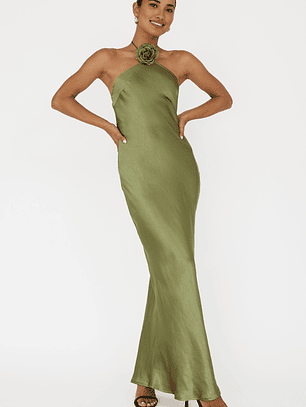 High Roller Flower Decoration Halter Dress Olive