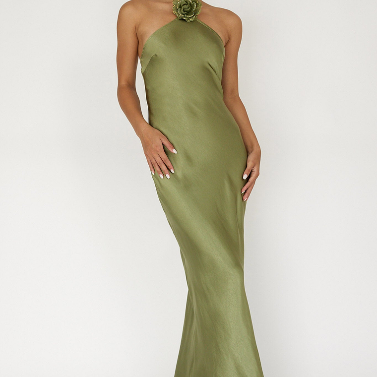 High Roller Flower Decoration Halter Dress Olive 5