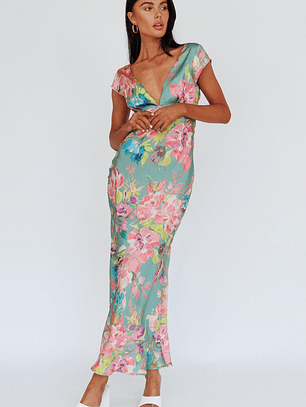 Lucinda Cap Sleeve Twist Back Midi Dress Floral Olive