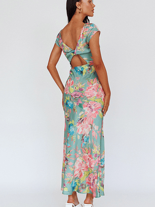 Lucinda Cap Sleeve Twist Back Midi Dress Floral Olive