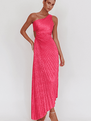 Amelie One-Shoulder Accordion Pleat Maxi Dress Floral Fuchsia