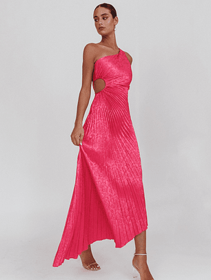 Amelie One-Shoulder Accordion Pleat Maxi Dress Floral Fuchsia