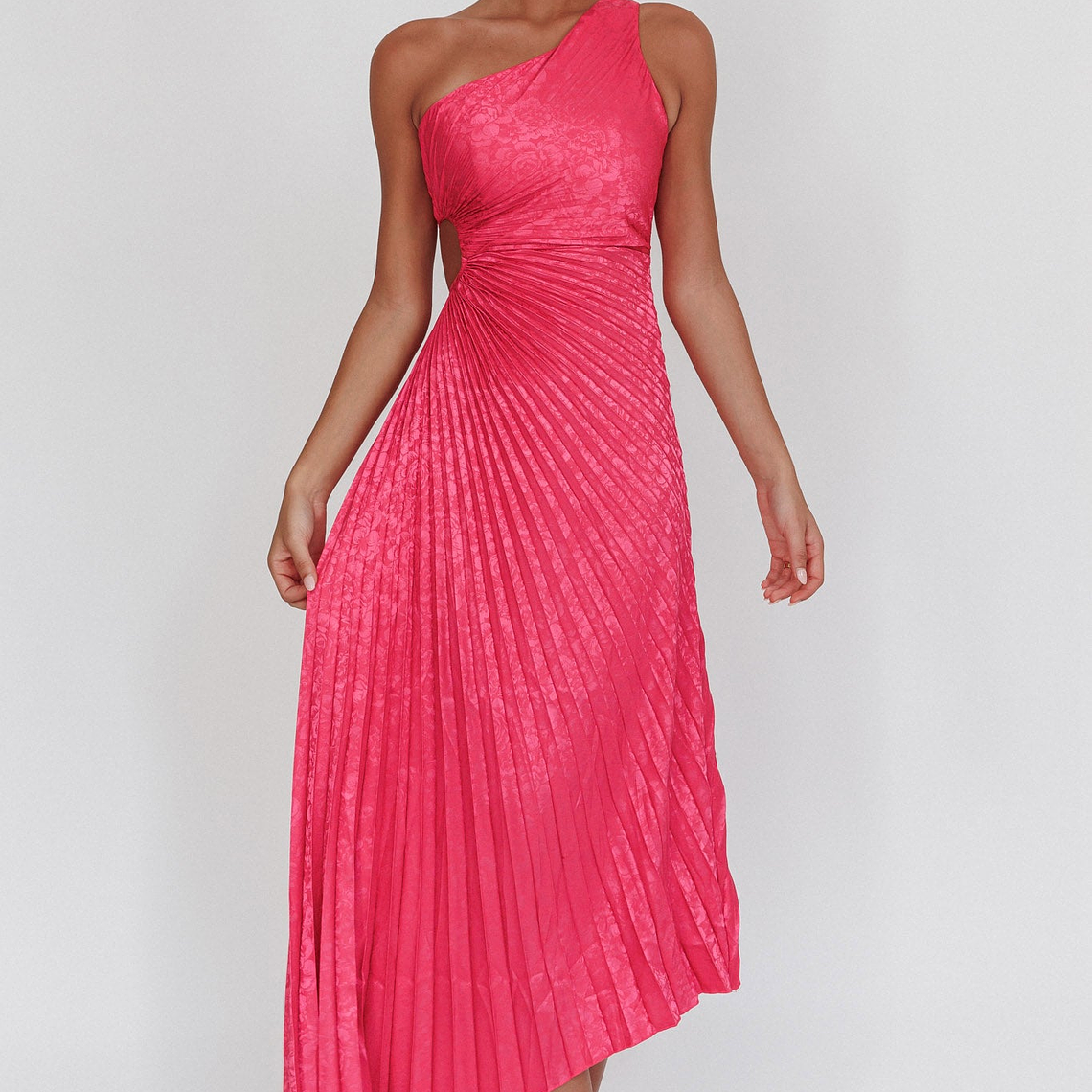 Amelie One-Shoulder Accordion Pleat Maxi Dress Floral Fuchsia 4