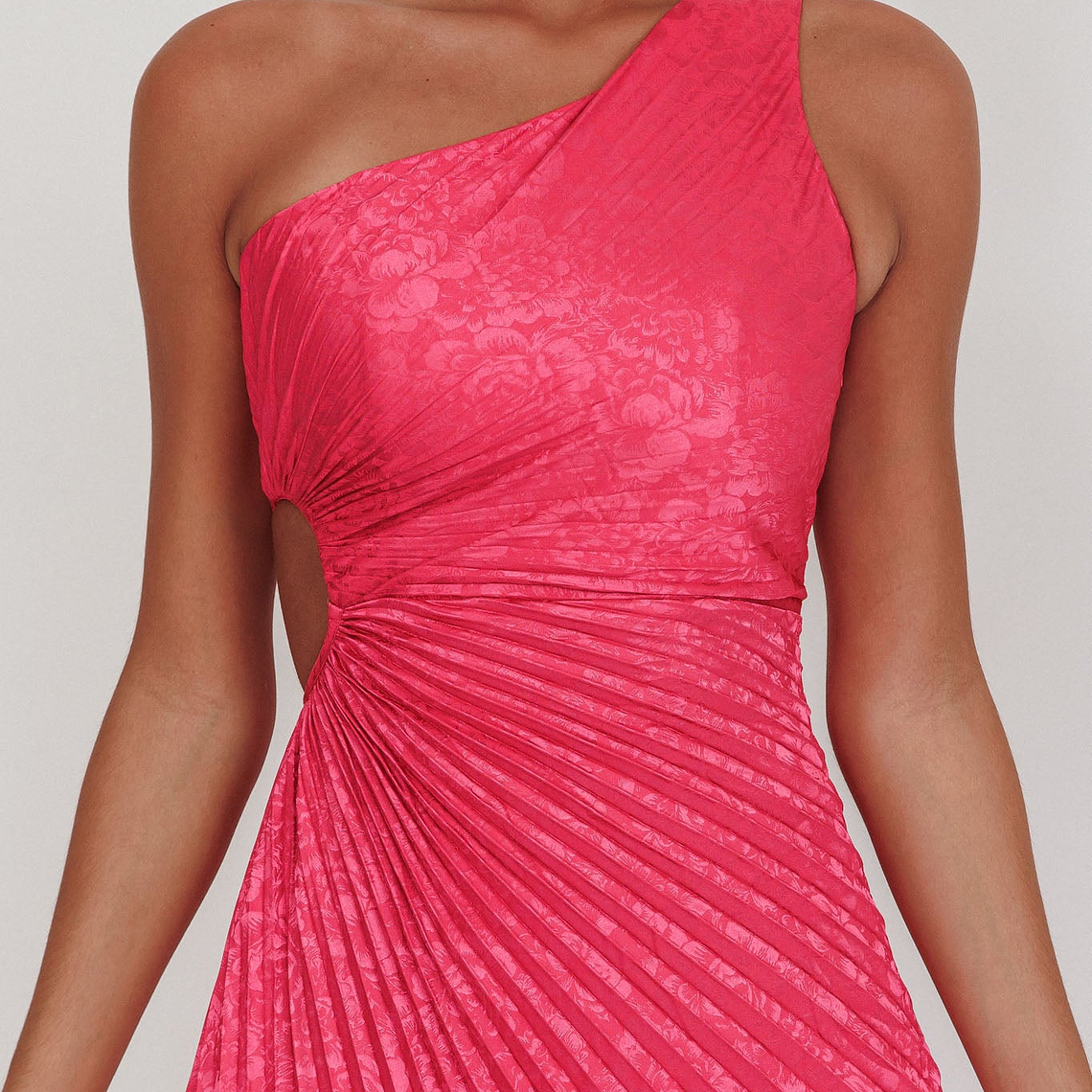 Amelie One-Shoulder Accordion Pleat Maxi Dress Floral Fuchsia 5