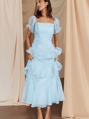 Delwynn Puff Sleeve Layered Midi Dress Blue