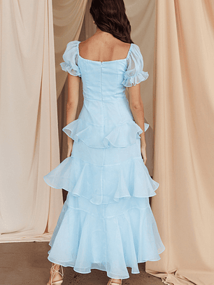 Delwynn Puff Sleeve Layered Midi Dress Blue