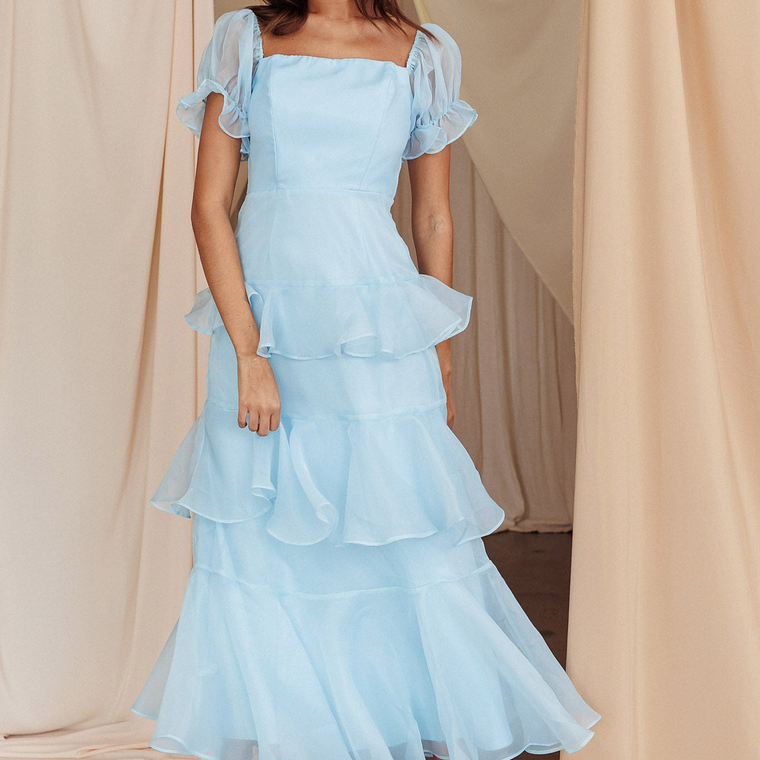 Delwynn Puff Sleeve Layered Midi Dress Blue 3