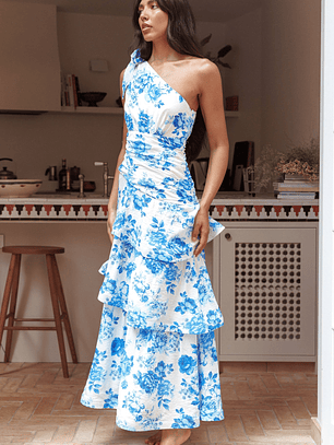 Kenny One Shoulder Tiered Maxi Dress Blue