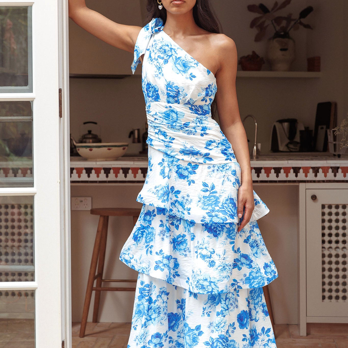 Kenny One Shoulder Tiered Maxi Dress Blue 3